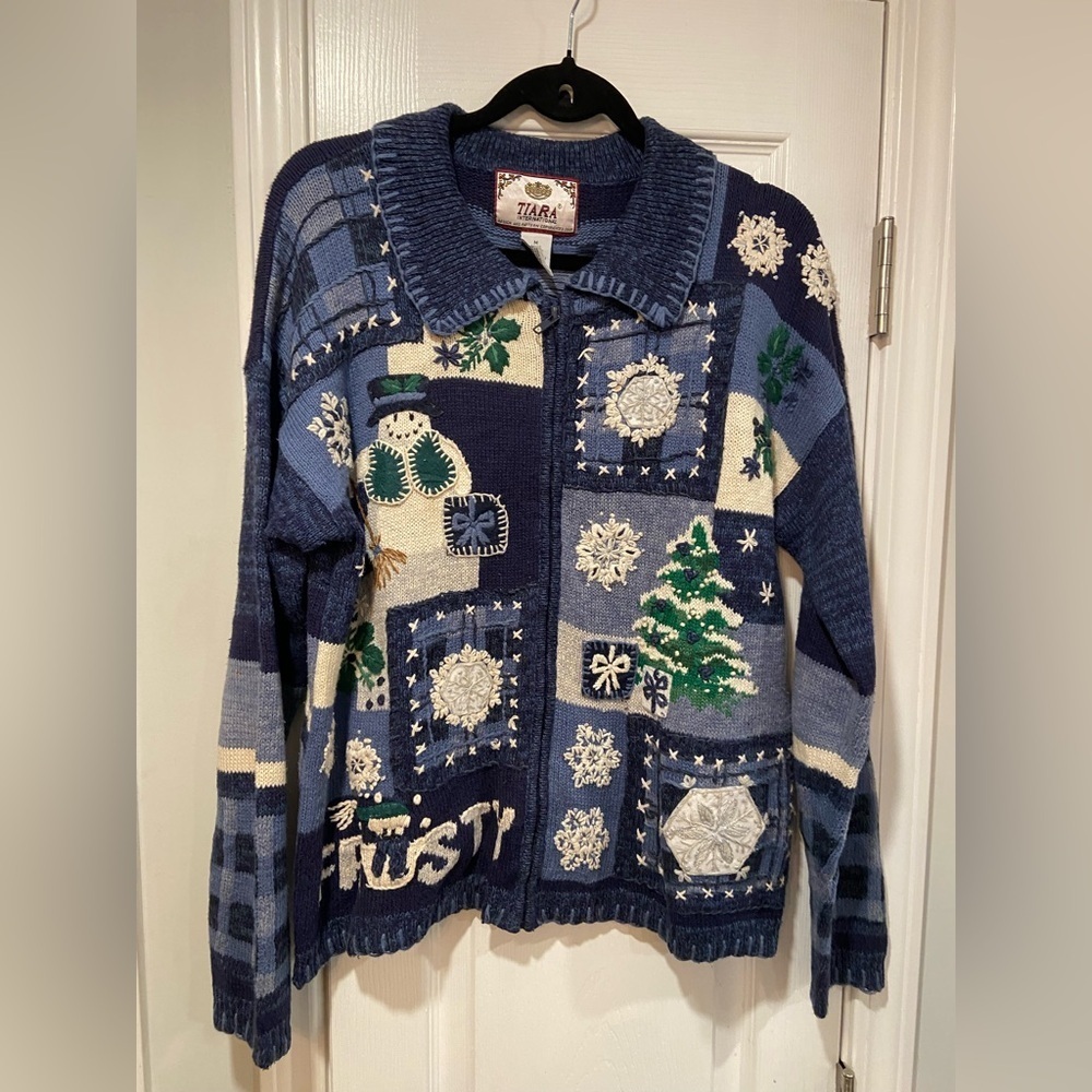 VTG Tiara International Size M Frosty Snowman Christmas Sweater Patchwork Beaded
